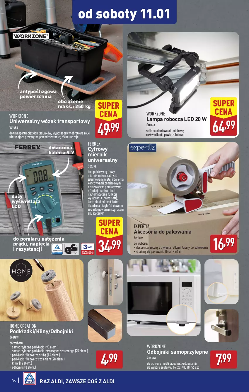 Gazetka promocyjna Aldi - Pełna oferta - ważna 07.01 do 11.01.2025 - strona 36 - produkty: Akcesoria do pakowania, Bateria, Lampa, Lampa robocza LED, Mop, Podkład, Por, Rolki, Ser, Sport, Tran, Wózek, Wózek transportowy