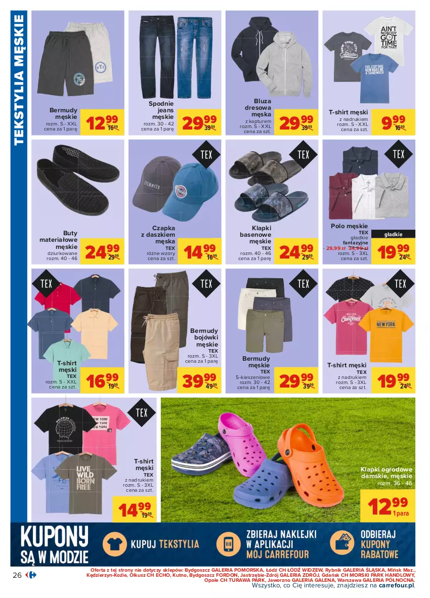 Gazetka promocyjna Carrefour - Gazetka Carrefour - ważna 17.05 do 29.05.2021 - strona 26 - produkty: Bermudy, Bluza, Bluza dresowa, Buty, Czapka, Dres, Fa, Fanta, Klapki, Spodnie, Spodnie jeans, T-shirt