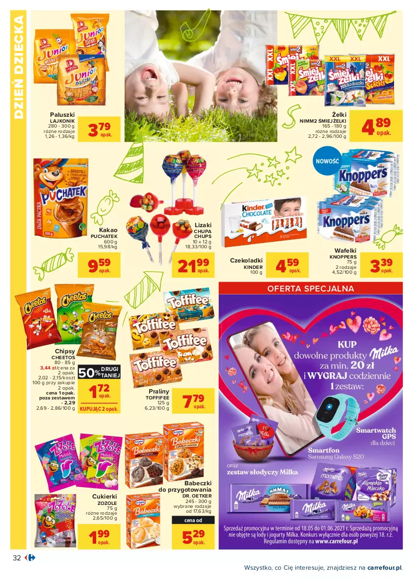 Gazetka promocyjna Carrefour - Gazetka Carrefour - ważna 17.05 do 29.05.2021 - strona 32 - produkty: Babeczki, Cheetos, Chipsy, Chupa Chups, Cukier, Cukierki, Dr. Oetker, Kakao, Kinder, Knoppers, Kosz, Lajkonik, Lizaki, Nimm2, Praliny, Toffifee