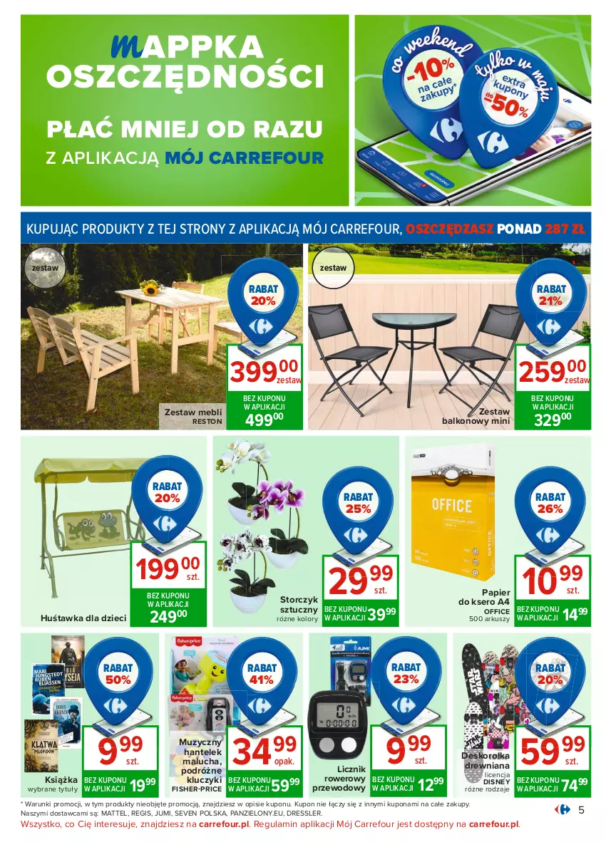 Gazetka promocyjna Carrefour - Gazetka Carrefour - ważna 17.05 do 29.05.2021 - strona 5 - produkty: Deskorolka, Disney, Dres, Dzieci, Fisher-Price, Huśtawka, Książka, Mattel, Papier, Papier do ksero, Rower, Ser, Storczyk