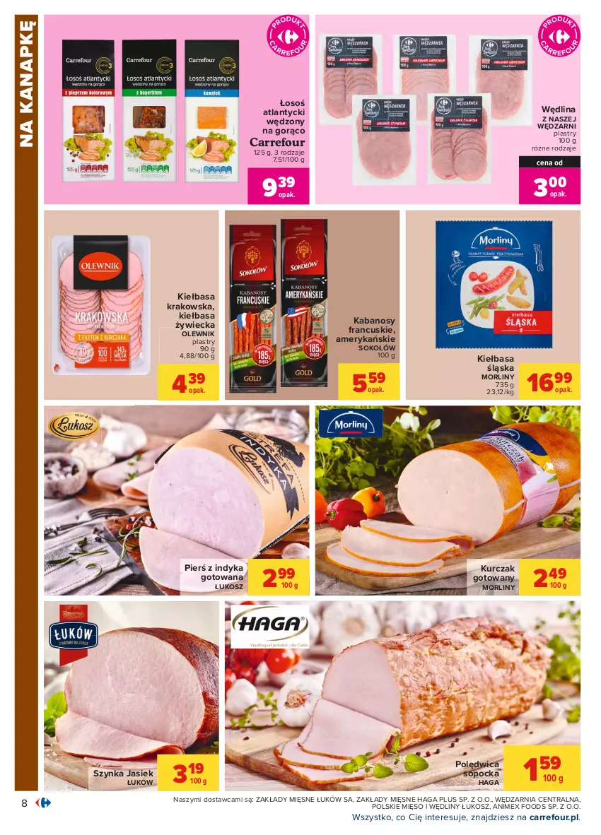 Gazetka promocyjna Carrefour - Gazetka Carrefour - ważna 17.05 do 29.05.2021 - strona 8 - produkty: Kabanos, Kiełbasa, Kiełbasa krakowska, Kiełbasa śląska, Kosz, Kurczak, Kurczak gotowany, Mięso, Morliny, Olewnik, Polędwica, Sok, Sokołów, Szynka, Wędlina