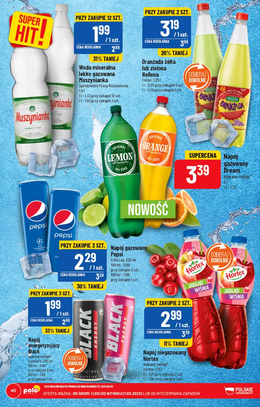 Gazetka promocyjna PoloMarket - Gazetka pomocyjna - ważna 01.03 do 07.03.2023 - strona 40 - produkty: Hellena, Hortex, Lack, Mus, Muszynianka, Napój, Napój niegazowany, Oranżada, Woda, Woda mineralna