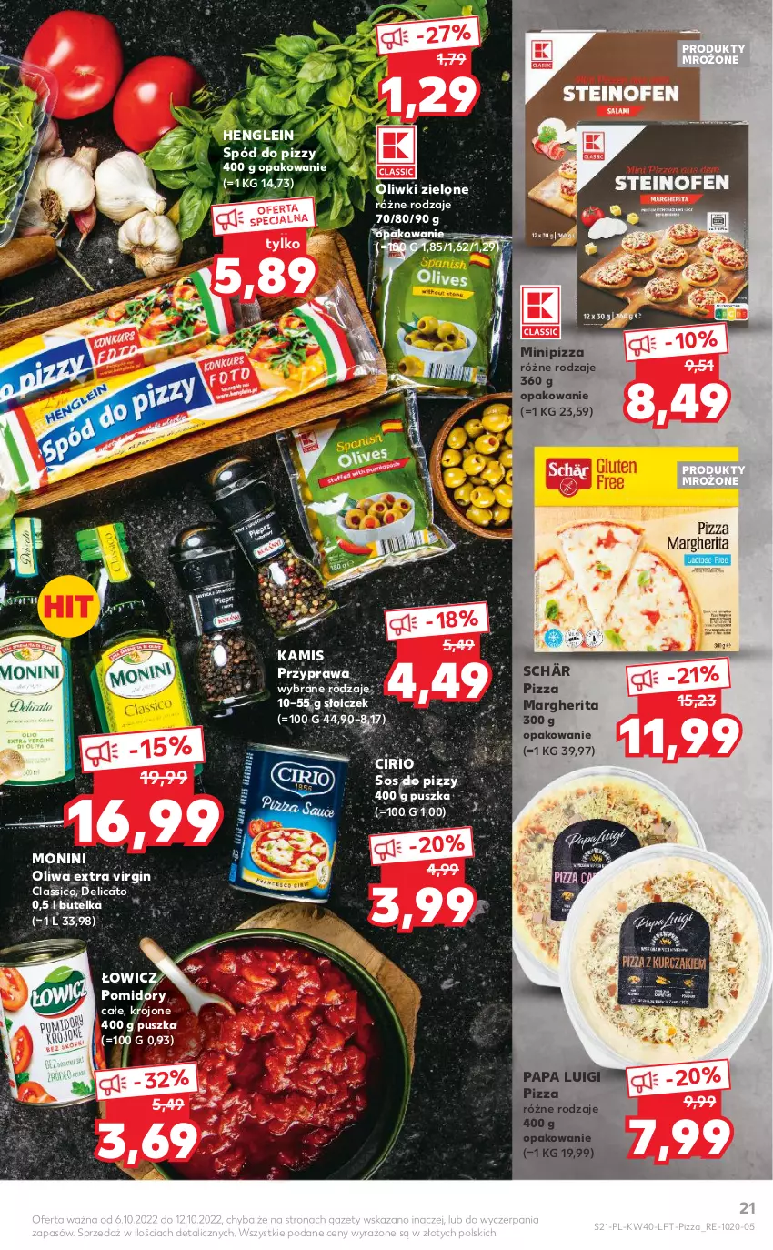 Gazetka promocyjna Kaufland - OFERTA TYGODNIA - ważna 06.10 do 12.10.2022 - strona 21 - produkty: Gin, Kamis, Monini, Oliwki, Oliwki zielone, Pizza, Pizza margherita, Pomidory, Produkty mrożone, Sos, Sos do pizzy, Spód do pizzy