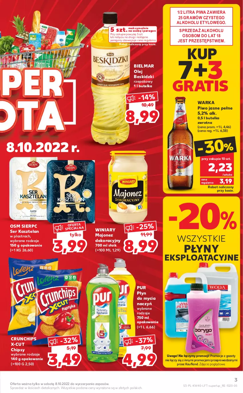 Gazetka promocyjna Kaufland - OFERTA TYGODNIA - ważna 06.10 do 12.10.2022 - strona 3 - produkty: Beskidzki, Chipsy, Crunchips, Do mycia naczyń, Gra, Kasztelan, Majonez, Olej, Piwa, Piwo, Piwo jasne, Płyn do mycia, Płyn do mycia naczyń, Pur, Ser, Ser Kasztelan, Waga, Warka, Winiary