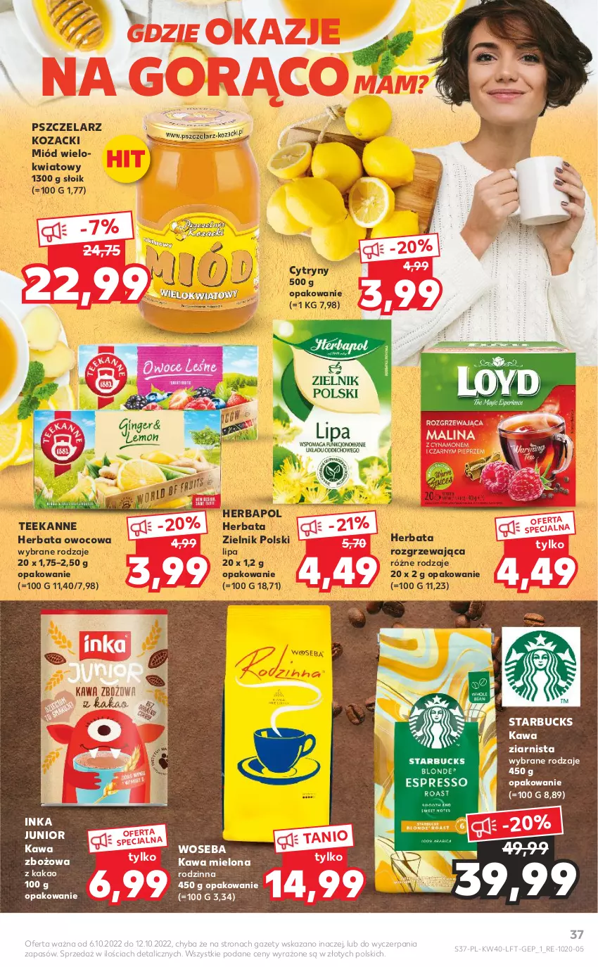 Gazetka promocyjna Kaufland - OFERTA TYGODNIA - ważna 06.10 do 12.10.2022 - strona 37 - produkty: Cytryny, Herbapol, Herbata, Herbata owocowa, Inka, Kakao, Kawa, Kawa mielona, Kawa zbożowa, Kawa ziarnista, Miód, Teekanne, Woseba