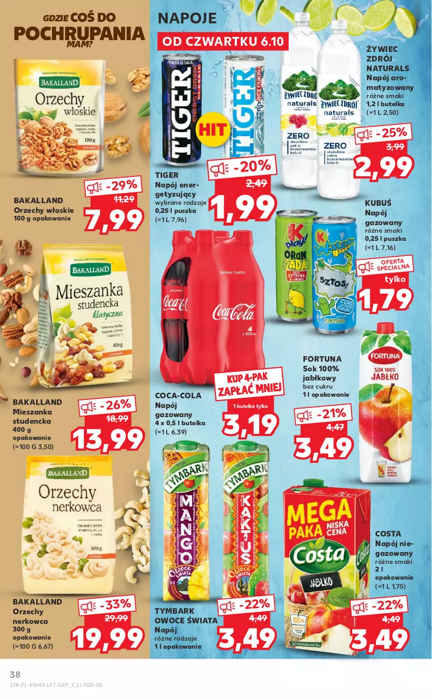 Gazetka promocyjna Kaufland - OFERTA TYGODNIA - ważna 06.10 do 12.10.2022 - strona 38 - produkty: Bakalland, Coca-Cola, Fortuna, Kubuś, Mieszanka studencka, Napój, Napój gazowany, Napój niegazowany, Napoje, Orzechy włoskie, Owoce, Sok, Tiger, Tymbark