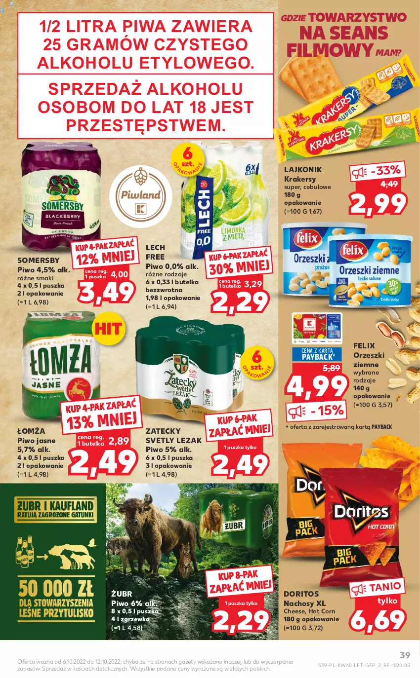 Gazetka promocyjna Kaufland - OFERTA TYGODNIA - ważna 06.10 do 12.10.2022 - strona 39 - produkty: Felix, Gra, Krakersy, Lajkonik, Orzeszki, Orzeszki ziemne, Piwa, Piwo, Piwo jasne, Somersby