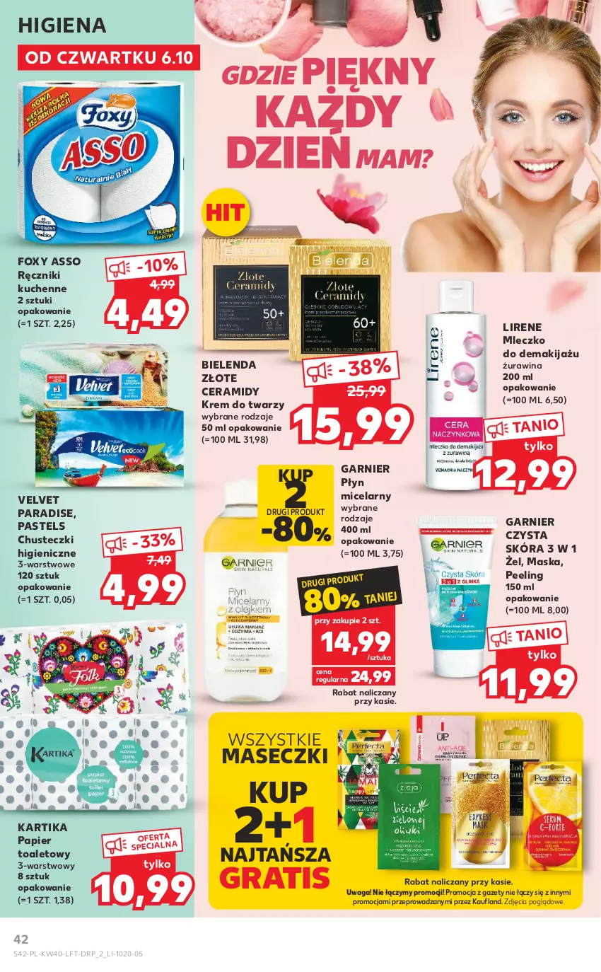 Gazetka promocyjna Kaufland - OFERTA TYGODNIA - ważna 06.10 do 12.10.2022 - strona 42 - produkty: Bielenda, Chusteczki, Foxy, Garnier, Gra, Krem do twarzy, Lirene, Makijaż, Maska, Mleczko, Papier, Papier toaletowy, Peeling, Płyn micelarny, Ręcznik, Velvet, Waga