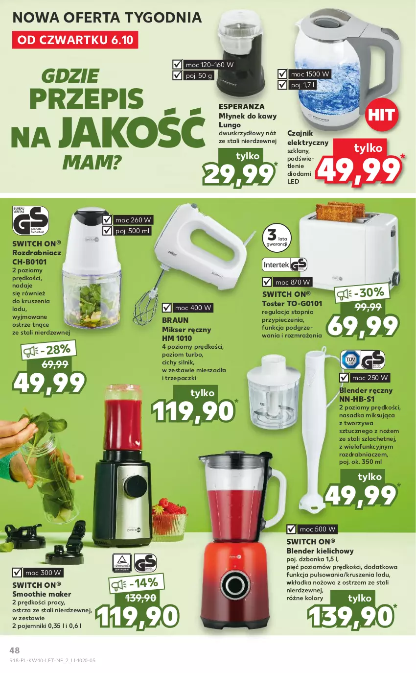 Gazetka promocyjna Kaufland - OFERTA TYGODNIA - ważna 06.10 do 12.10.2022 - strona 48 - produkty: Blender, Blender ręczny, Braun, Czajnik, Czajnik elektryczny, Mikser, Mikser ręczny, Młynek, Młynek do kawy, Noż, Piec, Pojemnik, Rozdrabniacz, Ser, Smoothie, Top, Toster