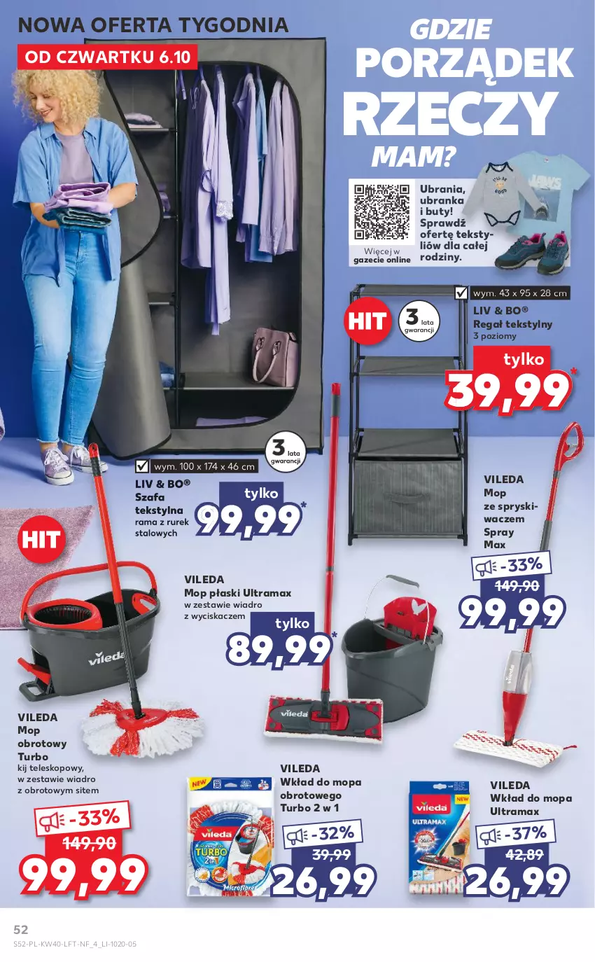 Gazetka promocyjna Kaufland - OFERTA TYGODNIA - ważna 06.10 do 12.10.2022 - strona 52 - produkty: Buty, Fa, Mop, Por, Rama, Regał, Szafa, Teleskop, Ubrania, Vileda, Wiadro, Wiadro z wyciskaczem, Wkład do mopa