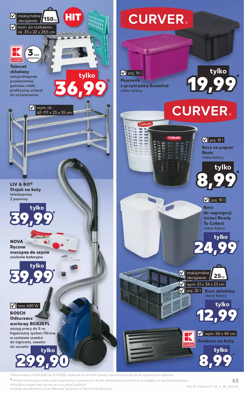 Gazetka promocyjna Kaufland - OFERTA TYGODNIA - ważna 06.10 do 12.10.2022 - strona 53 - produkty: Bosch, Buty, Gra, Kosz, Ociekacz, Odkurzacz, Papier, Pojemnik, Silan, Stojak, Stojak na buty, Szyna, Taboret, Taboret składany, Teleskop