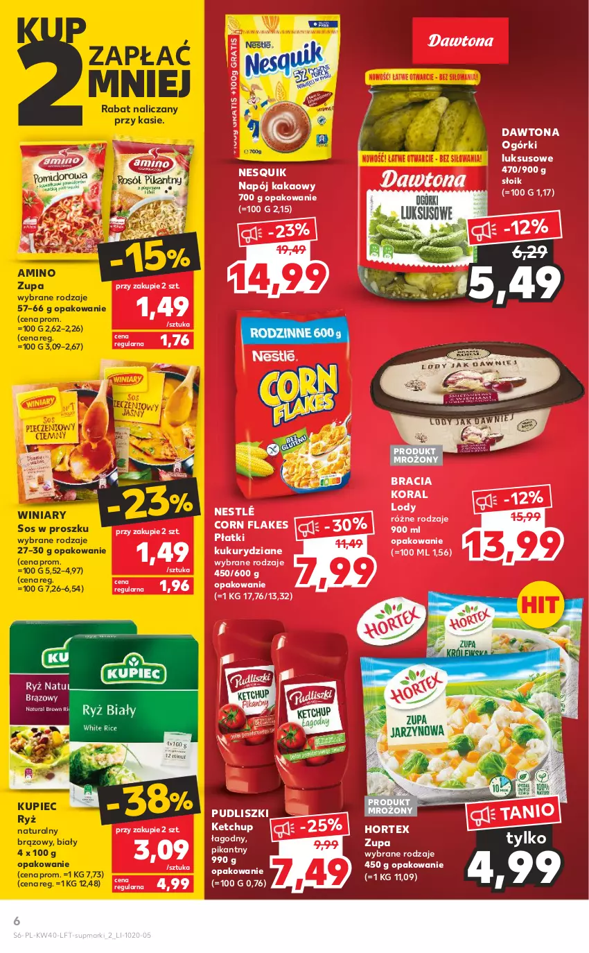 Gazetka promocyjna Kaufland - OFERTA TYGODNIA - ważna 06.10 do 12.10.2022 - strona 6 - produkty: Corn flakes, Dawtona, Hortex, Kakao, Ketchup, Kupiec, Lody, Napój, Nesquik, Nestlé, Piec, Pudliszki, Ryż, Ryż naturalny, Sos, Winiary, Zupa