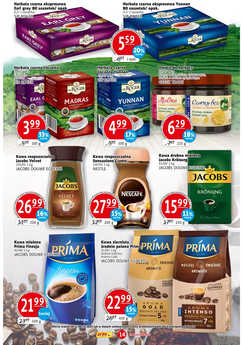 Gazetka promocyjna Prim Market - ważna 23.11 do 29.11.2023 - strona 14 - produkty: Earl Grey, Herbata, Herbata czarna, Jacobs, Jacobs Velvet, Kawa, Kawa mielona, Kawa rozpuszczalna, Kawa ziarnista, Prima, Velvet