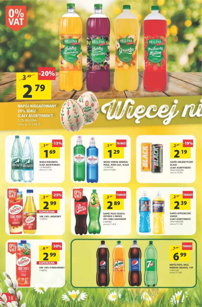 Gazetka promocyjna Arhelan - Gazetka - ważna 08.04 do 17.04.2022 - strona 18 - produkty: 7up, Hellena, Hortex, Lack, Mirinda, Napój, Napój energetyczny, Napój izotoniczny, Napój niegazowany, Owoce, Pepsi, Pur, Sok, Woda