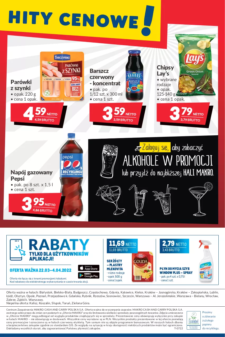 Gazetka promocyjna Makro - [Oferta promocyjna] Artykuły spożywcze i przemysłowe - ważna 22.03 do 04.04.2022 - strona 20 - produkty: Chipsy, Gra, Kosz, Lay’s, Mleko, Mlekovita, Napój, Napój gazowany, Papier, Parówki, Parówki z szynki, Pepsi, Piec, Płyn do mycia, Rum, Ser, Sos, Szal