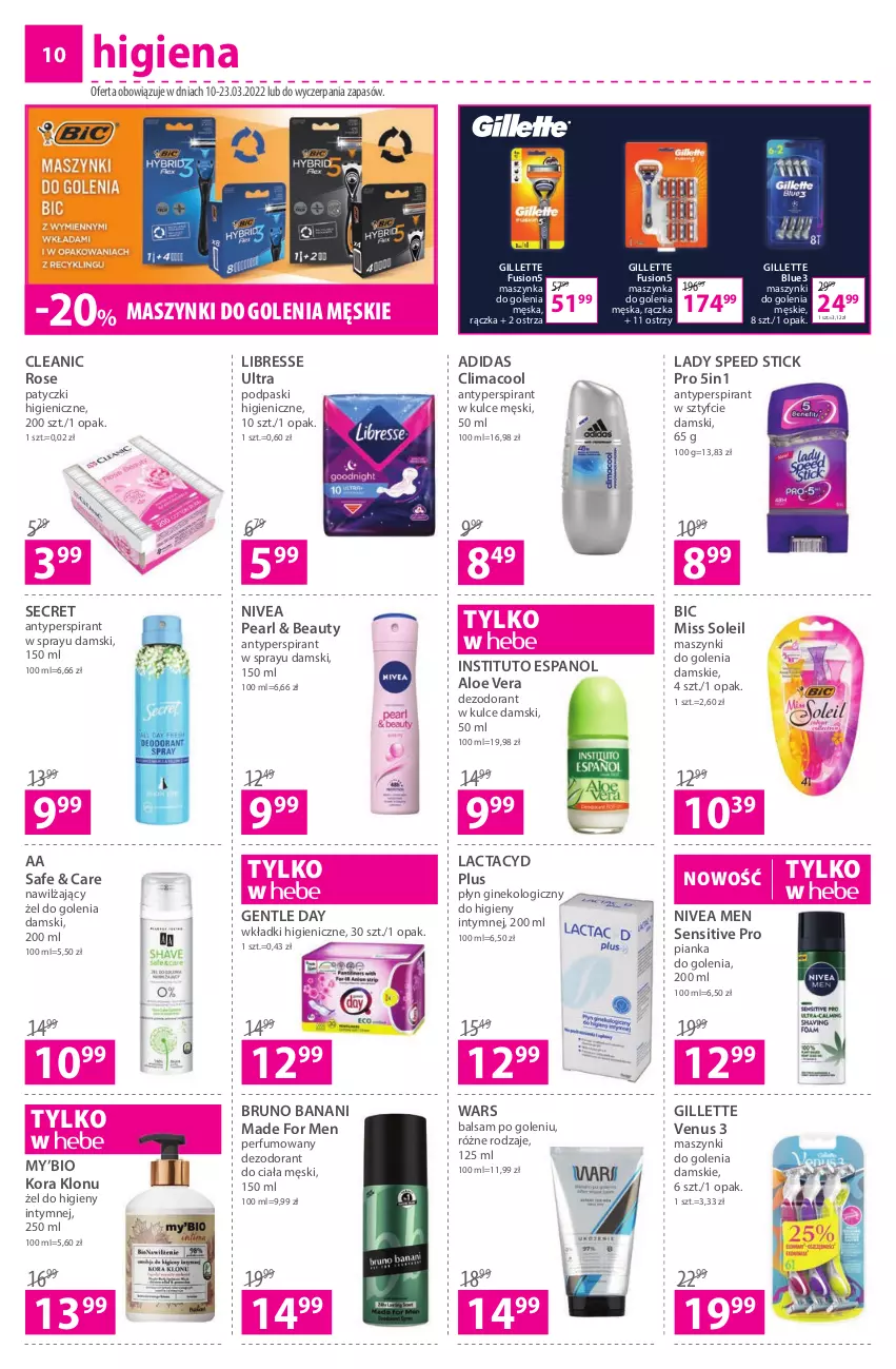 Gazetka promocyjna Hebe - Magazyn - ważna 10.03 do 23.03.2022 - strona 10 - produkty: Adidas, Aloe vera, Antyperspirant, Balsam po goleniu, BIC, Bruno Banani, Cleanic, Dezodorant, Fusion, Gillette, Gillette Venus, Gin, Lactacyd, Lady Speed Stick, Maszynka, Maszynka do golenia, Nivea, Nivea Men, Perfum, Pianka do golenia, Podpaski, Szynka, Venus, Wkładki