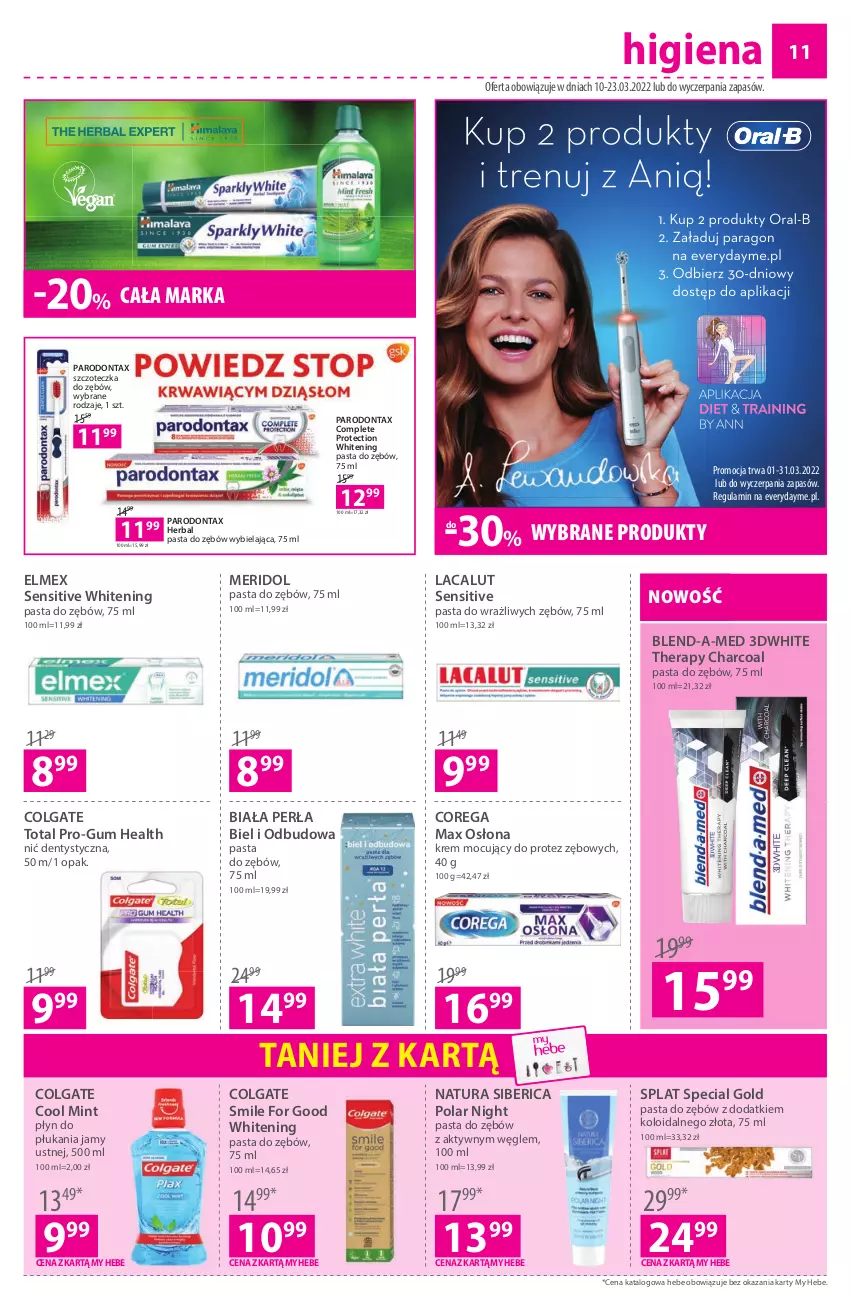 Gazetka promocyjna Hebe - Magazyn - ważna 10.03 do 23.03.2022 - strona 11 - produkty: Blend-a-Med, Colgate, Colgate Total, Corega, Elmex, Lacalut, LG, Natura Siberica, Nić dentystyczna, Parodontax, Pasta do zębów, Perła, Płyn do płukania, Płyn do płukania jamy ustnej, Szczoteczka, Szczoteczka do zębów