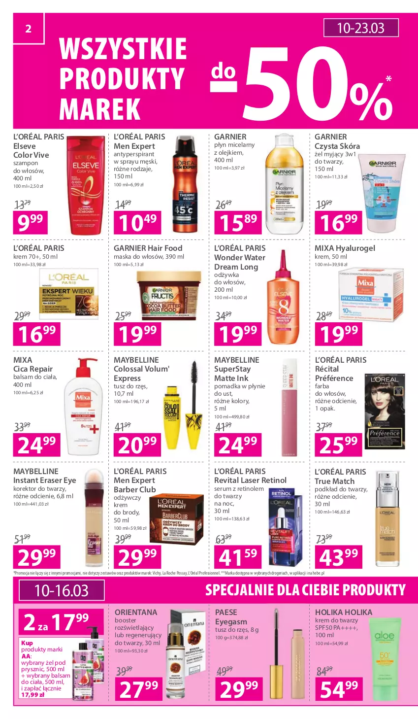 Gazetka promocyjna Hebe - Magazyn - ważna 10.03 do 23.03.2022 - strona 2 - produkty: Antyperspirant, Balsam do ciała, Bell, Booster, Elseve, Fa, Farba do włosów, Garnier, Holika Holika, Korektor do twarzy, Krem do twarzy, L’Oréal, Maska, Maska do włosów, Maybelline, Mixa, Odżywka, Olej, PAESE, Płyn micelarny, Podkład, Podkład do twarzy, Rum, Ser, Serum, Szampon, Tusz, Vichy