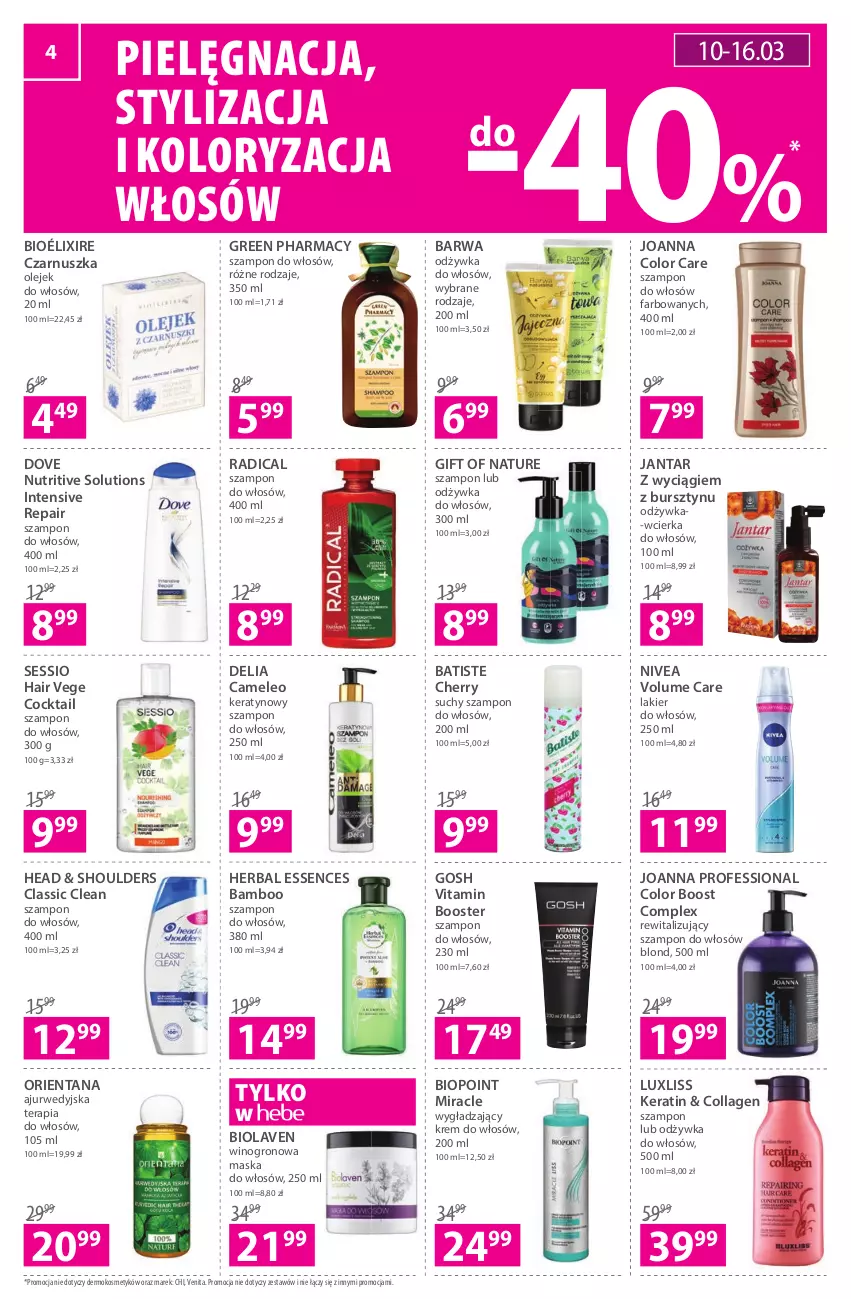 Gazetka promocyjna Hebe - Magazyn - ważna 10.03 do 23.03.2022 - strona 4 - produkty: Batiste, Booster, Bursztyn, Dove, Eleo, Fa, Gift of Nature, Gosh, Green pharmacy, Joanna, Lakier, Lakier do włosów, Maska, Maska do włosów, Nivea, Odżywka, Olej, SESSIO, Suchy szampon, Szampon, Tera, Wino