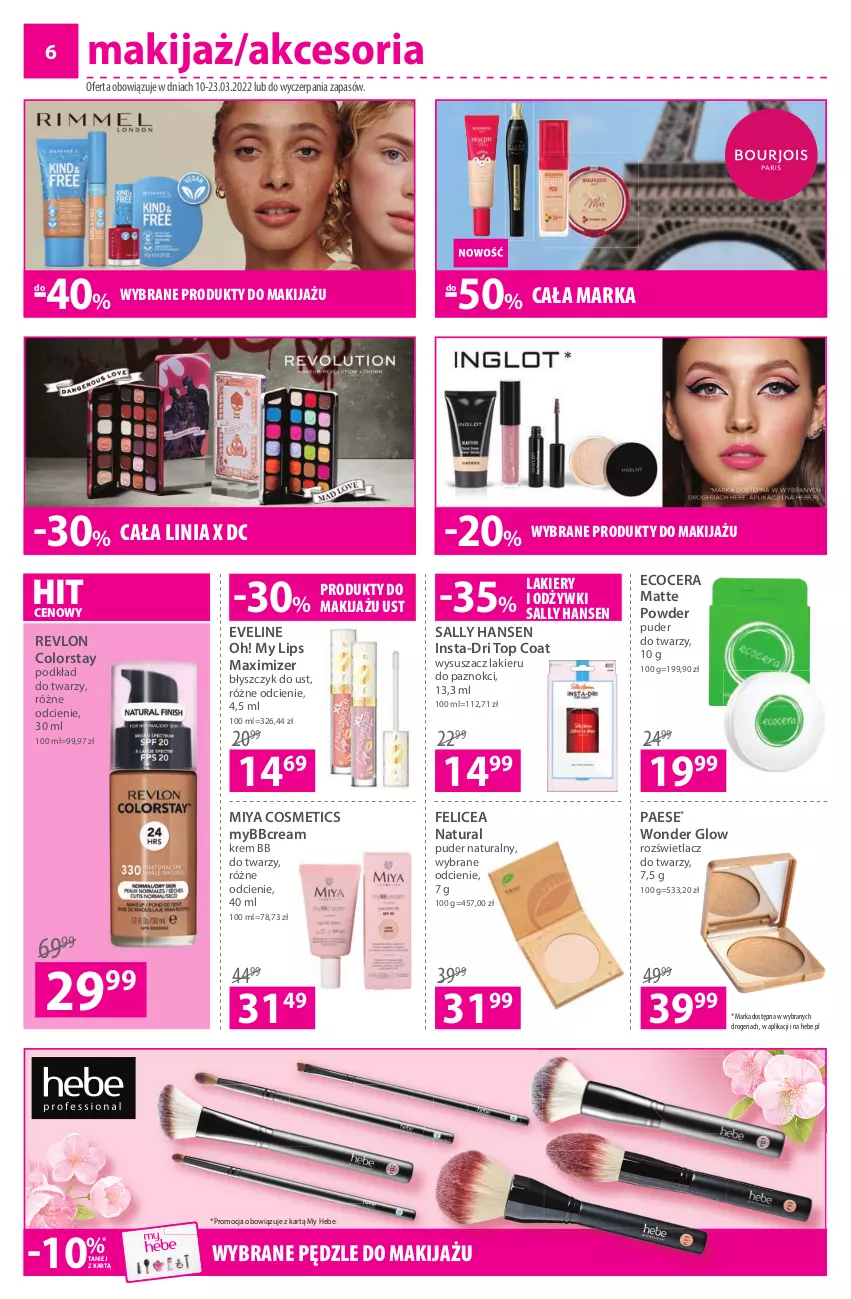 Gazetka promocyjna Hebe - Magazyn - ważna 10.03 do 23.03.2022 - strona 6 - produkty: Błyszczyk do ust, Eveline, Krem bb, Lakier, Makijaż, Miya Cosmetics, PAESE, Podkład, Podkład do twarzy, Produkty do makijażu, Puder, Puder do twarzy, Revlon, Rozświetlacz, Sally Hansen, Top, Wysuszacz lakieru