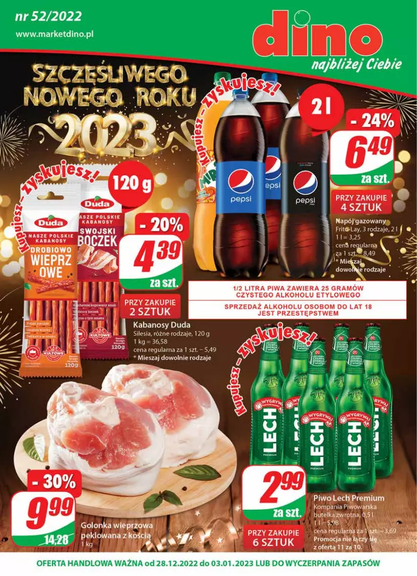 Gazetka promocyjna Dino - Gazetka - ważna 28.12.2022 do 03.01.2023 - strona 1 - produkty: Boczek, Duda, Gra, Kabanos, Napój, Napój gazowany, Piwa, Piwo