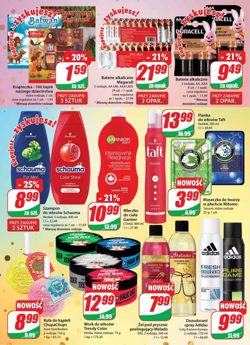 Gazetka promocyjna Dino - Gazetka - ważna 28.12.2022 do 03.01.2023 - strona 26 - produkty: Adidas, Baterie alkaliczne, Dezodorant, Dzieci, Garnier, Kula do kąpieli, Mleczko, Peeling, Pianka do włosów, Schauma, Szampon, Taft