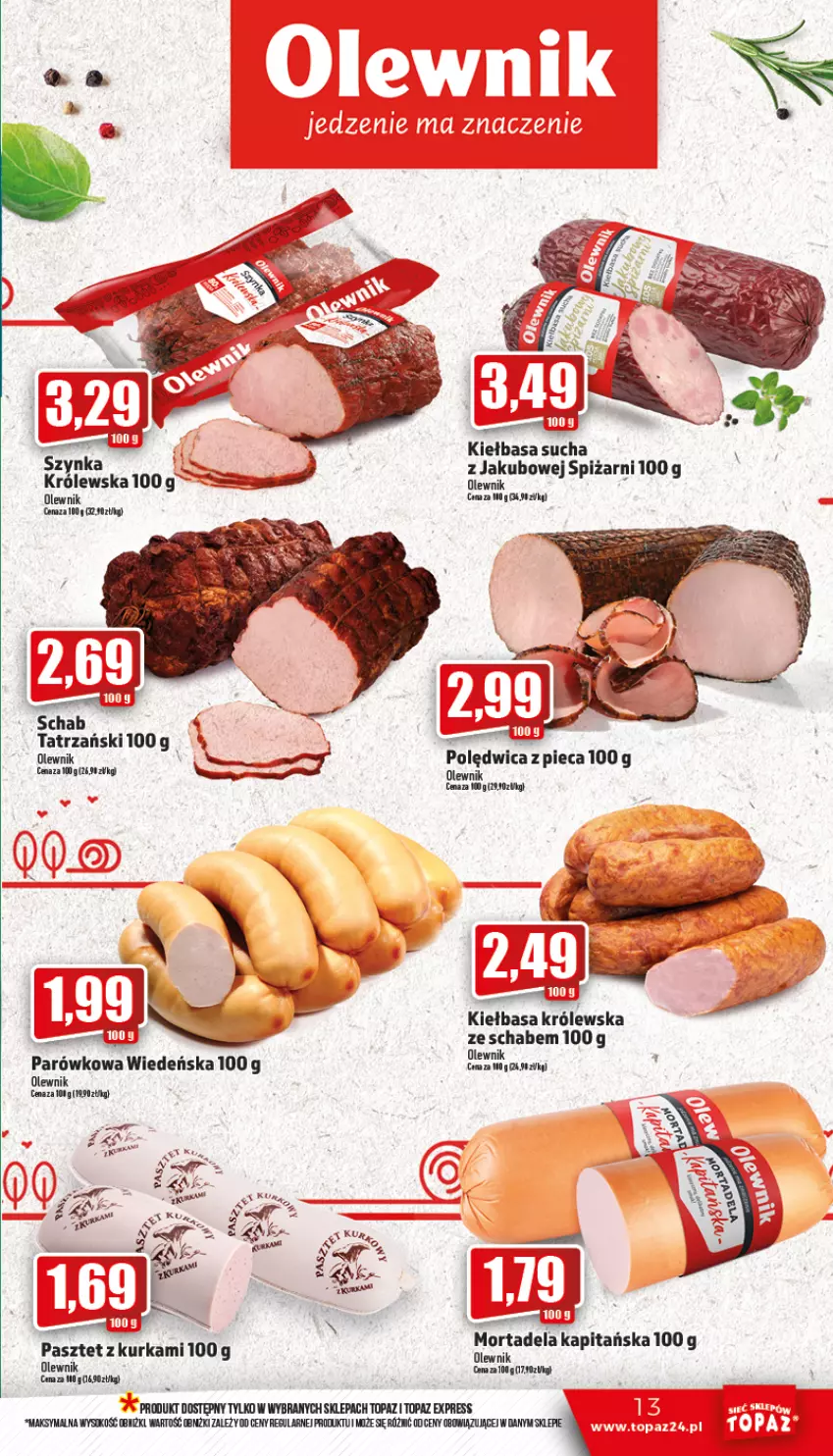 Gazetka promocyjna Topaz - Gazetka - ważna 13.10 do 19.10.2022 - strona 13 - produkty: Kiełbasa, Olewnik, Pasztet, Piec, Polędwica, Top