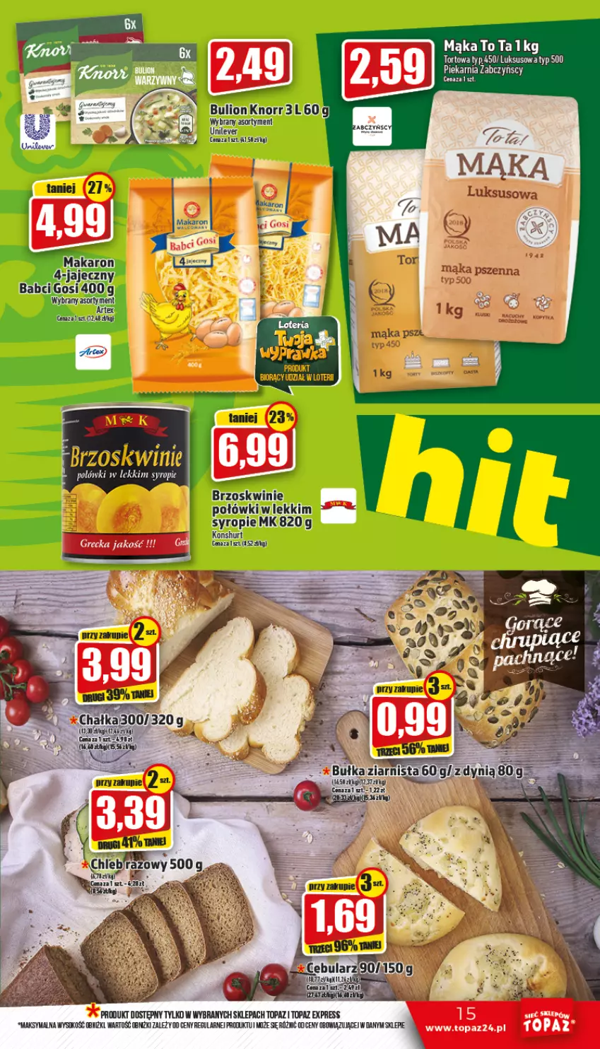 Gazetka promocyjna Topaz - Gazetka - ważna 13.10 do 19.10.2022 - strona 15 - produkty: Brzoskwinie, Bulion, Kiwi, Knorr, Lion, Mąka, Mąka luksusowa, Syrop, Top