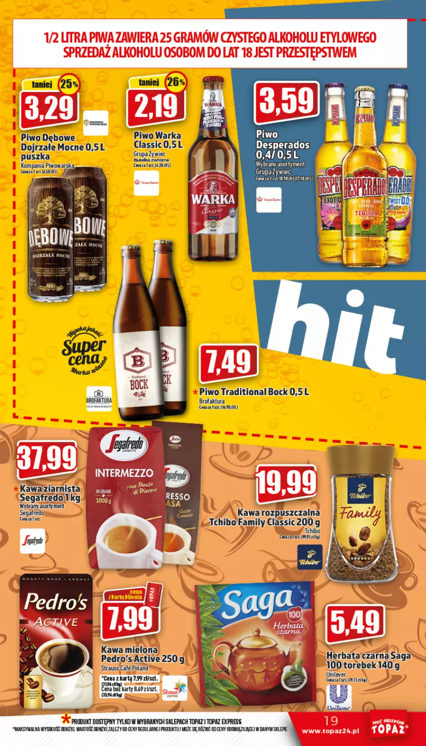 Gazetka promocyjna Topaz - Gazetka - ważna 13.10 do 19.10.2022 - strona 19 - produkty: Desperados, Fa, Herbata, Kawa, Kawa rozpuszczalna, Piwa, Piwo, Saga, Segafredo, Tchibo, Tchibo Family, Top, Warka