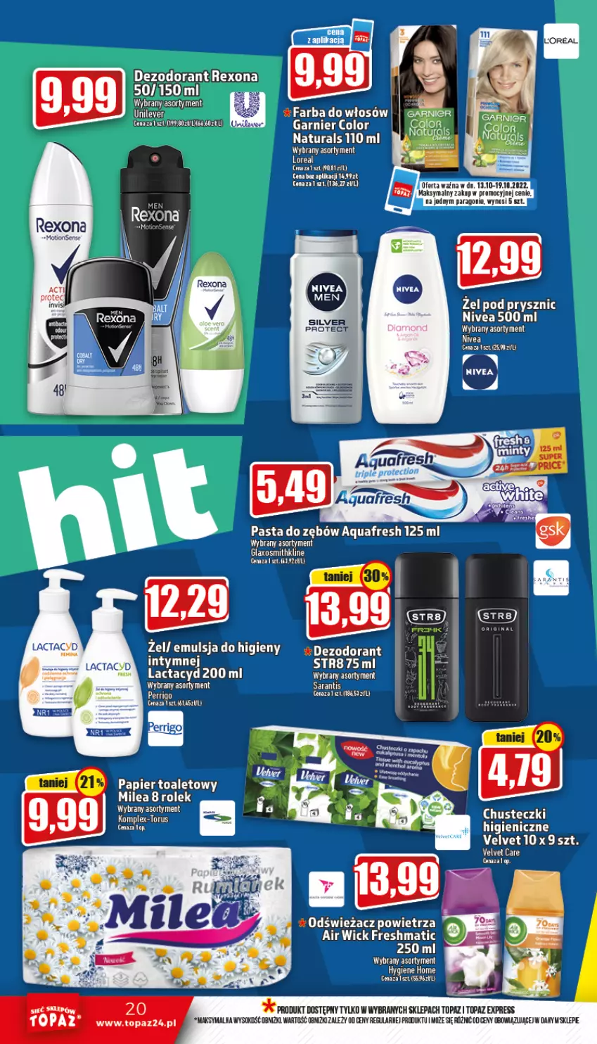 Gazetka promocyjna Topaz - Gazetka - ważna 13.10 do 19.10.2022 - strona 20 - produkty: Air Wick, Aquafresh, Dezodorant, Emulsja, Fa, Farba do włosów, Garnier, Lactacyd, Nivea, Odświeżacz powietrza, Papier, Papier toaletowy, Pasta do zębów, Rexona, Sok, Str8, Top, Velvet