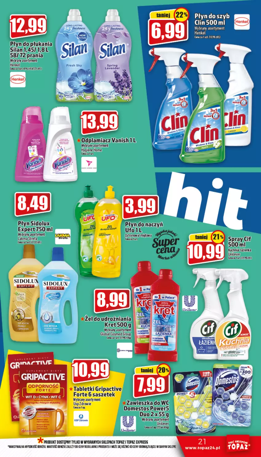 Gazetka promocyjna Topaz - Gazetka - ważna 13.10 do 19.10.2022 - strona 21 - produkty: Cif, Cynk, Domestos, Kret, Kuchnia, Odplamiacz, Płyn do płukania, Sidolux, Silan, Sok, Top, Vanish