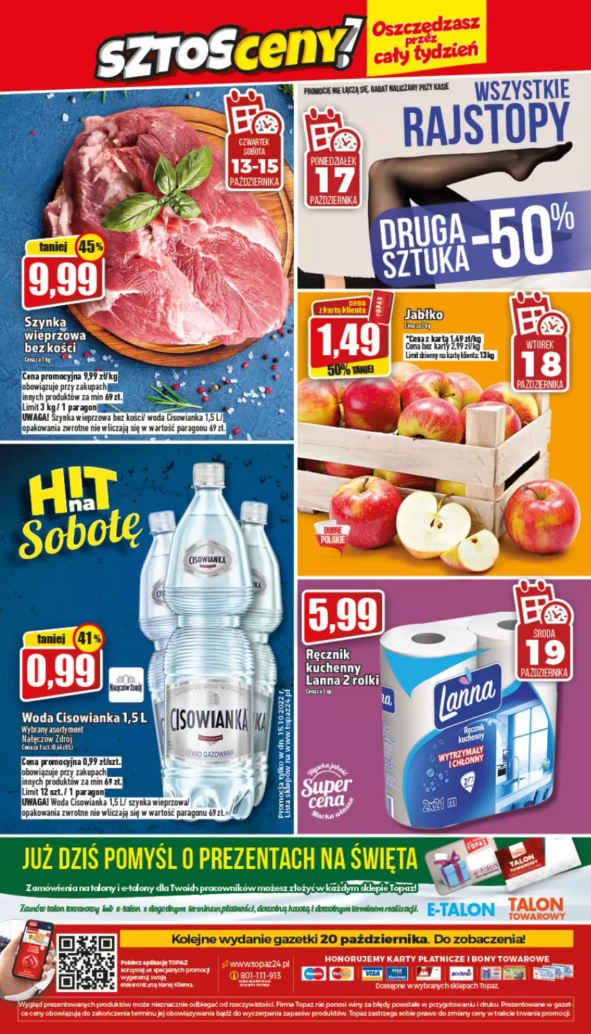 Gazetka promocyjna Topaz - Gazetka - ważna 13.10 do 19.10.2022 - strona 24 - produkty: Cisowianka, Olej, Szynka, Szynka wieprzowa, Top, Waga, Woda