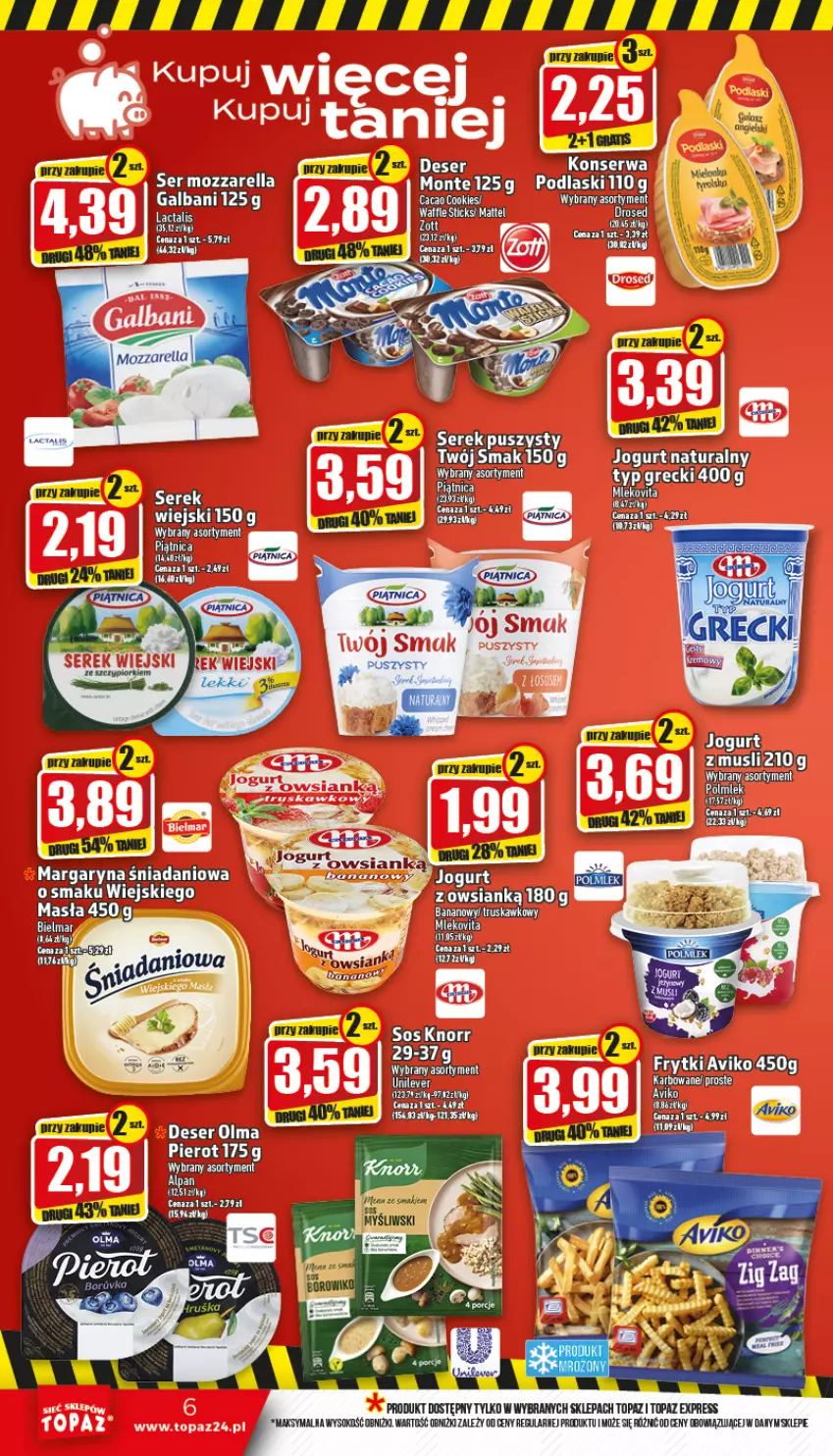 Gazetka promocyjna Topaz - Gazetka - ważna 13.10 do 19.10.2022 - strona 6 - produkty: Deser, Jogurt, Mleko, Mlekovita, Monte, Mus, Ser, Sok, Top