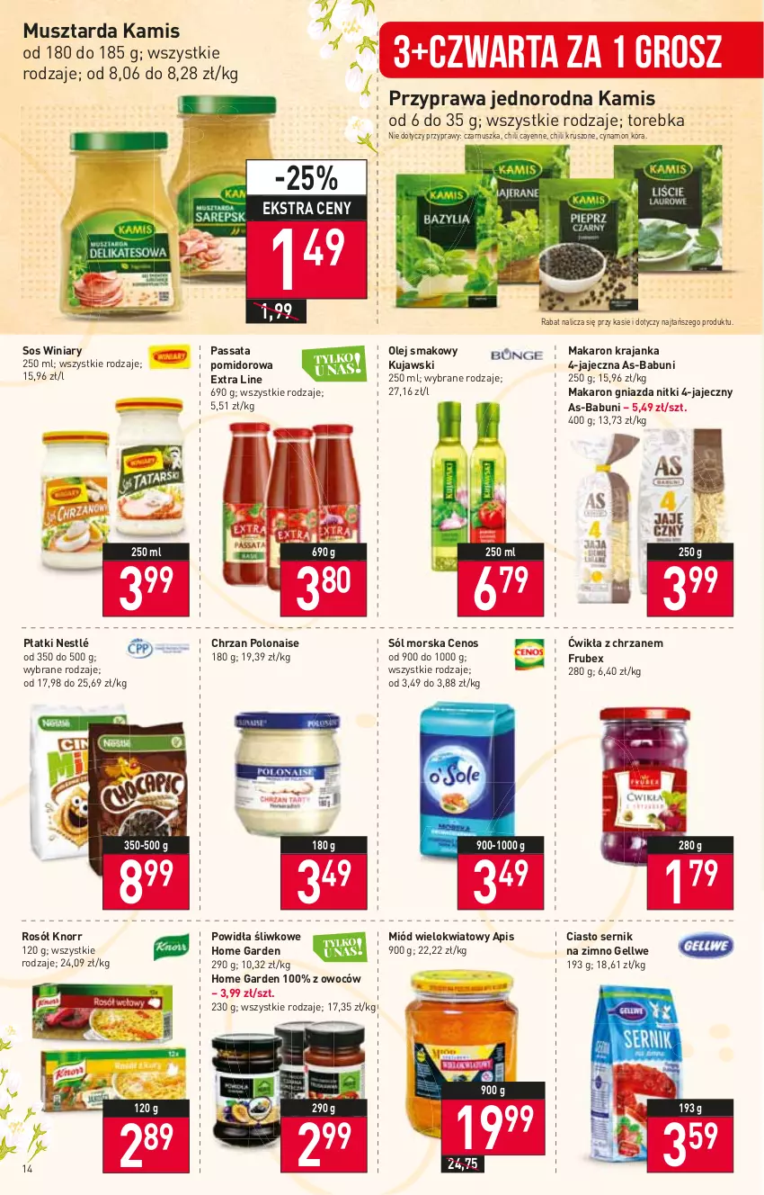 Gazetka promocyjna Stokrotka - Supermarket - ważna 07.04 do 13.04.2022 - strona 14 - produkty: Babuni, Cenos, Chrzan, Ciasto sernik, Kamis, Knorr, Kujawski, Makaron, Miód, Mus, Musztarda, Nestlé, Olej, Olej smakowy, Przyprawy, Rosół, Ser, Sól, Sos, Torebka, Winiary