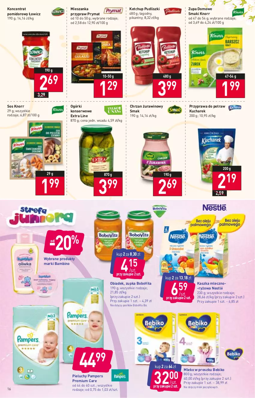 Gazetka promocyjna Stokrotka - Supermarket - ważna 07.04 do 13.04.2022 - strona 16 - produkty: Bebiko, BoboVita, Chrzan, Ketchup, Knorr, Koncentrat pomidorowy, Kucharek, Mleko, Mleko w proszku, Nestlé, Ogórki konserwowe, Pampers, Pieluchy, Prymat, Przyprawa do potraw, Pudliszki, Ryż, Ser, Sos, Wino, Zupa