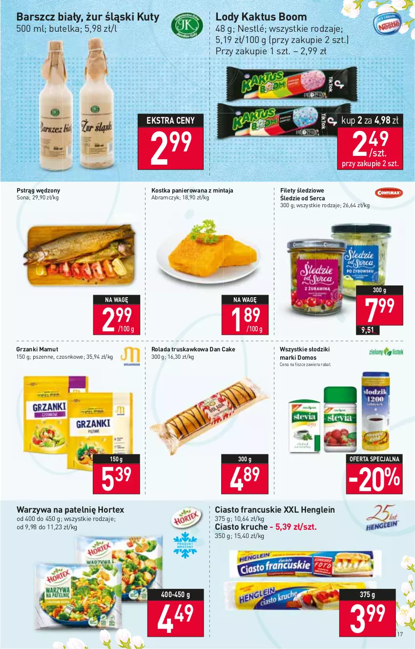 Gazetka promocyjna Stokrotka - Supermarket - ważna 07.04 do 13.04.2022 - strona 17 - produkty: Ciasto francuskie, Dan Cake, Hortex, Kaktus, Lody, Mintaj, Nestlé, Pstrąg, Pstrąg wędzony, Rolada, Ser, Warzywa