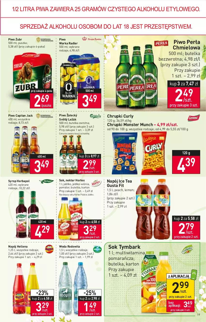 Gazetka promocyjna Stokrotka - Supermarket - ważna 07.04 do 13.04.2022 - strona 19 - produkty: Chrupki, Gra, Hellena, Herbapol, Hortex, Ice tea, Monster Munch, Napój, Nektar, Perła, Piwa, Piwo, Radler, Sok, Syrop, Tymbark, Warka, Woda