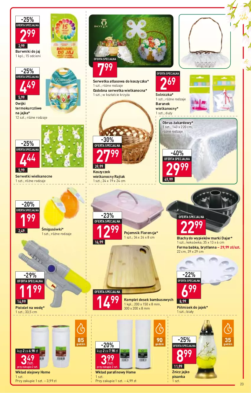 Gazetka promocyjna Stokrotka - Supermarket - ważna 07.04 do 13.04.2022 - strona 23 - produkty: Babka, Fa, Keksówka, Kosz, Obrus, Olej, Owijki, Pistolet, Pojemnik, Ser, Serwetki, Solniczka, Wkład olejowy, Znicz