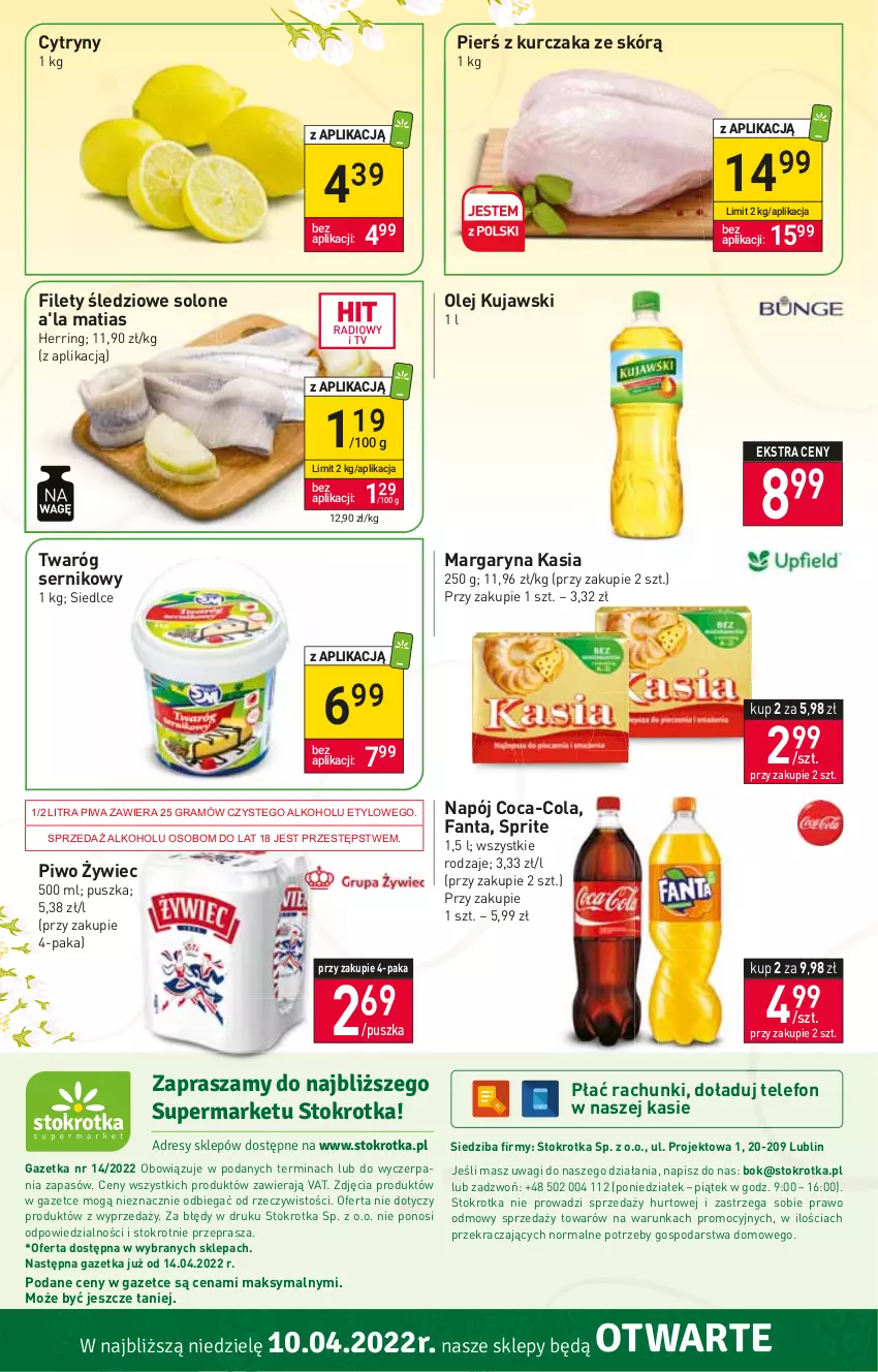 Gazetka promocyjna Stokrotka - Supermarket - ważna 07.04 do 13.04.2022 - strona 24 - produkty: Coca-Cola, Cytryny, Fa, Fanta, Gra, Kasia, Kujawski, Kurczak, Margaryna, Napój, O nas, Olej, Piwa, Piwo, Ser, Sprite, Telefon, Twaróg, Wagi