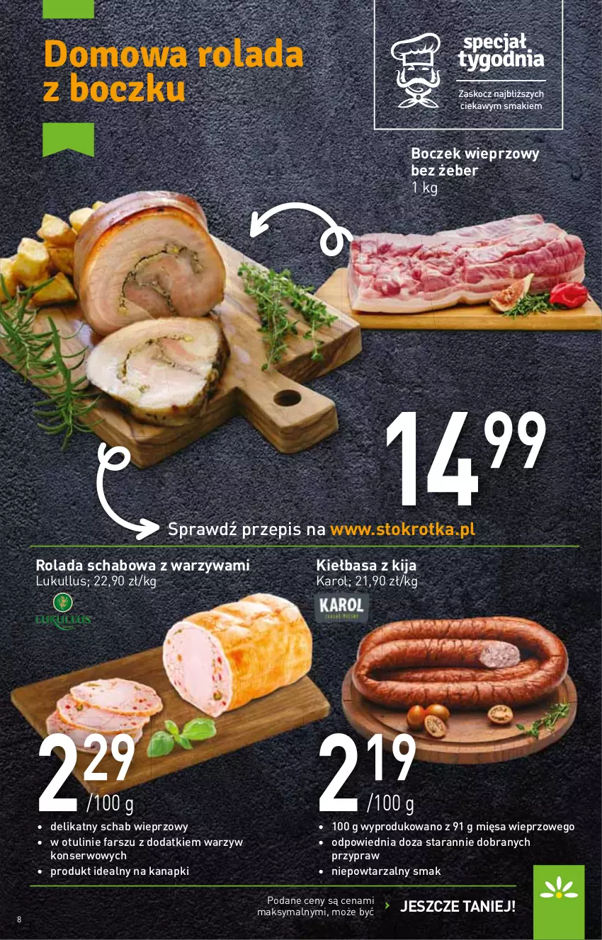 Gazetka promocyjna Stokrotka - Supermarket - ważna 07.04 do 13.04.2022 - strona 8 - produkty: Boczek, Boczek wieprzowy, Fa, Kiełbasa, Rolada, Schab wieprzowy, Ser, Warzywa