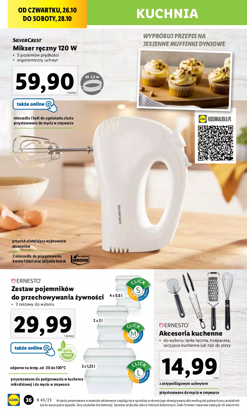 Gazetka promocyjna Lidl - GAZETKA - ważna 23.10 do 28.10.2023 - strona 40 - produkty: Fa, Mikser, Mikser ręczny, Muffinki, Pojemnik, Por, Ser, Szczypce, Tarka, Trzepaczka