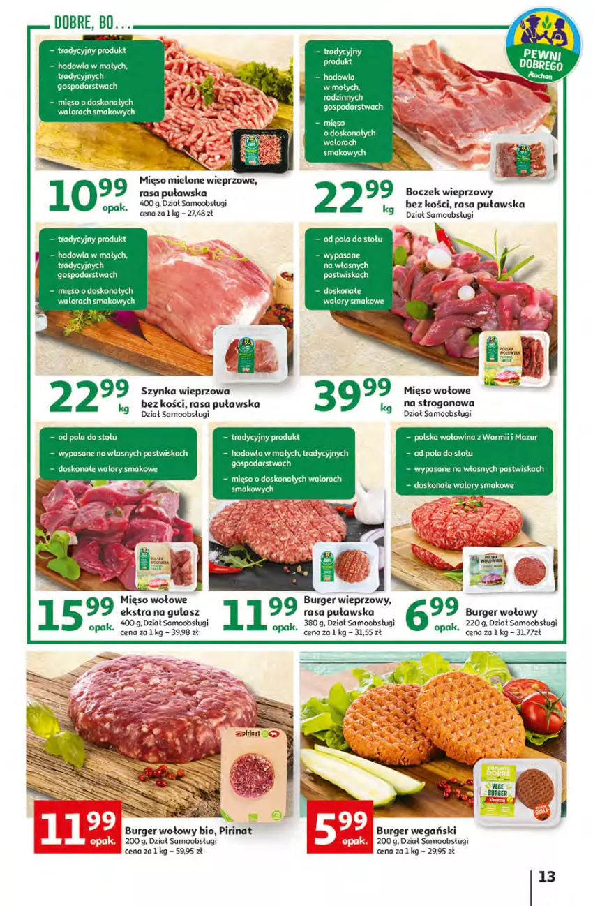 Gazetka promocyjna Auchan - przeNISKIE CENY PRODUKTY przeEKOLOGICZNE Hipermarkety - ważna 02.06 do 08.06.2022 - strona 13 - produkty: Boczek, Boczek wieprzowy, Burger, Mięso, Mięso mielone, Mięso wołowe, Szynka, Szynka wieprzowa, Wołowina