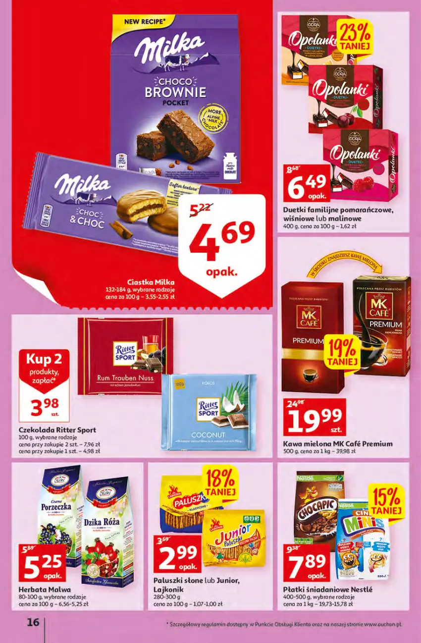 Gazetka promocyjna Auchan - przeNISKIE CENY PRODUKTY przeEKOLOGICZNE Hipermarkety - ważna 02.06 do 08.06.2022 - strona 16 - produkty: Brownie, Czekolada, Danio, Dzika róża, Fa, Herbata, Kawa, Kawa mielona, Lajkonik, Por, Ritter Sport, Róża, Sport