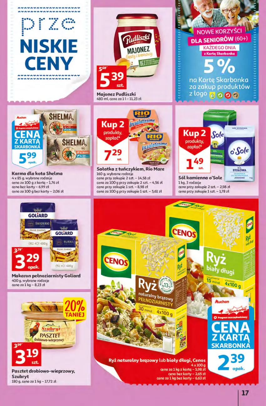 Gazetka promocyjna Auchan - przeNISKIE CENY PRODUKTY przeEKOLOGICZNE Hipermarkety - ważna 02.06 do 08.06.2022 - strona 17 - produkty: Cenos, Goliard, Majonez, Pasztet, Pudliszki, Rio Mare, Ryż, Ryż naturalny, Sałat, Sałatka, Sól, Szubryt, Tuńczyk