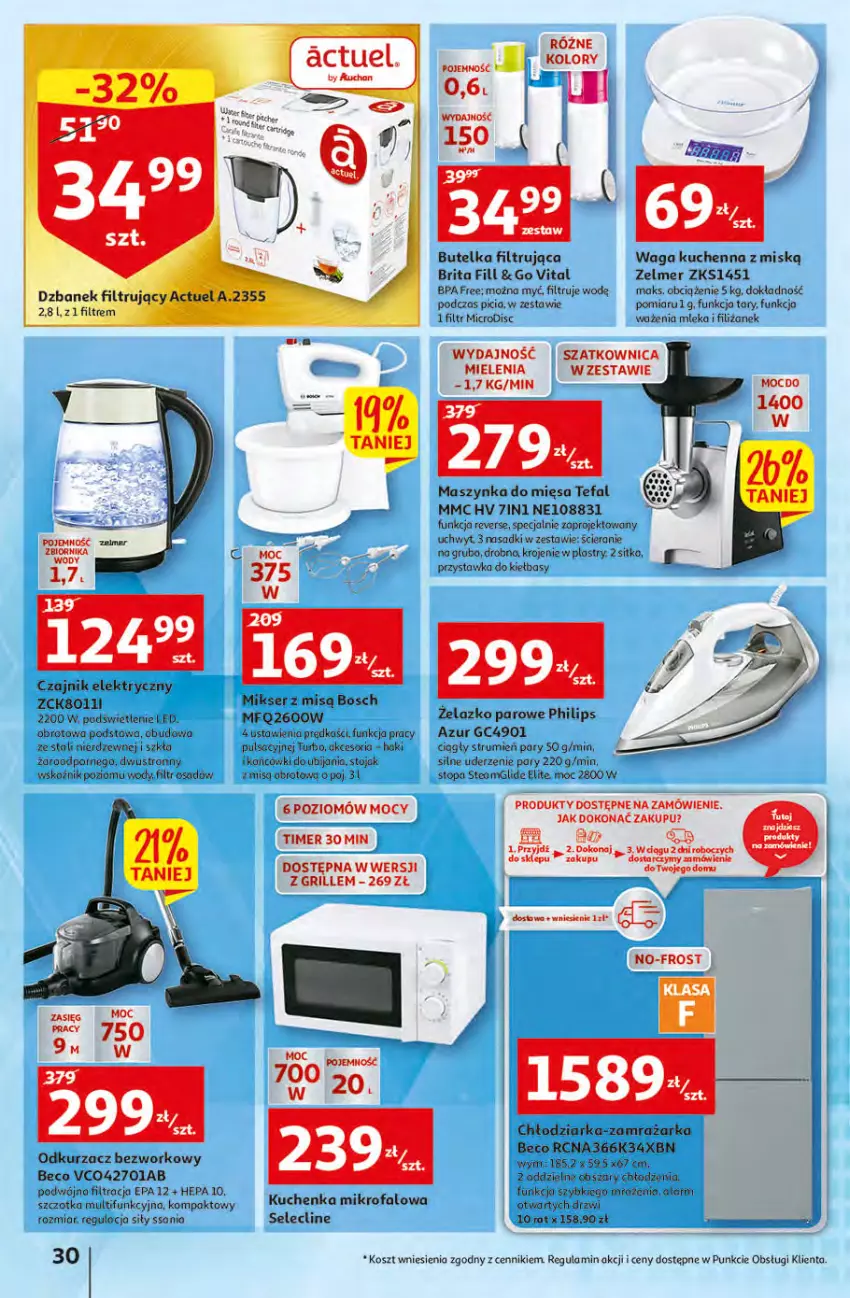 Gazetka promocyjna Auchan - przeNISKIE CENY PRODUKTY przeEKOLOGICZNE Hipermarkety - ważna 02.06 do 08.06.2022 - strona 30 - produkty: Bosch, Brit, Brita, Chłodziarka, Clin, Czajnik, Czajnik elektryczny, Drzwi, Fa, Grill, Kosz, Kuchenka mikrofalowa, Maszynka, Mikser, Mikser z misą, Odkurzacz, Philips, Rum, Ser, Stojak, Szatkownica, Szczotka, Szynka, Tefal, Top, Tran, Waga, Zamrażarka, Zelmer