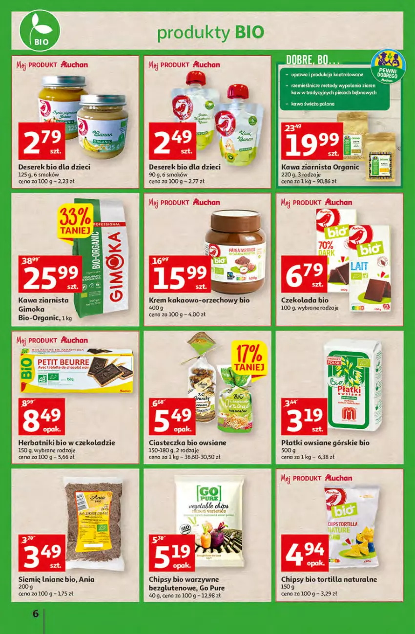 Gazetka promocyjna Auchan - przeNISKIE CENY PRODUKTY przeEKOLOGICZNE Hipermarkety - ważna 02.06 do 08.06.2022 - strona 6 - produkty: Chipsy, Czekolada, Deser, Dzieci, Fa, Gimoka, Herbatniki, Kakao, Kawa, Kawa ziarnista, Płatki owsiane, Pur, Ser, Serek, Tortilla