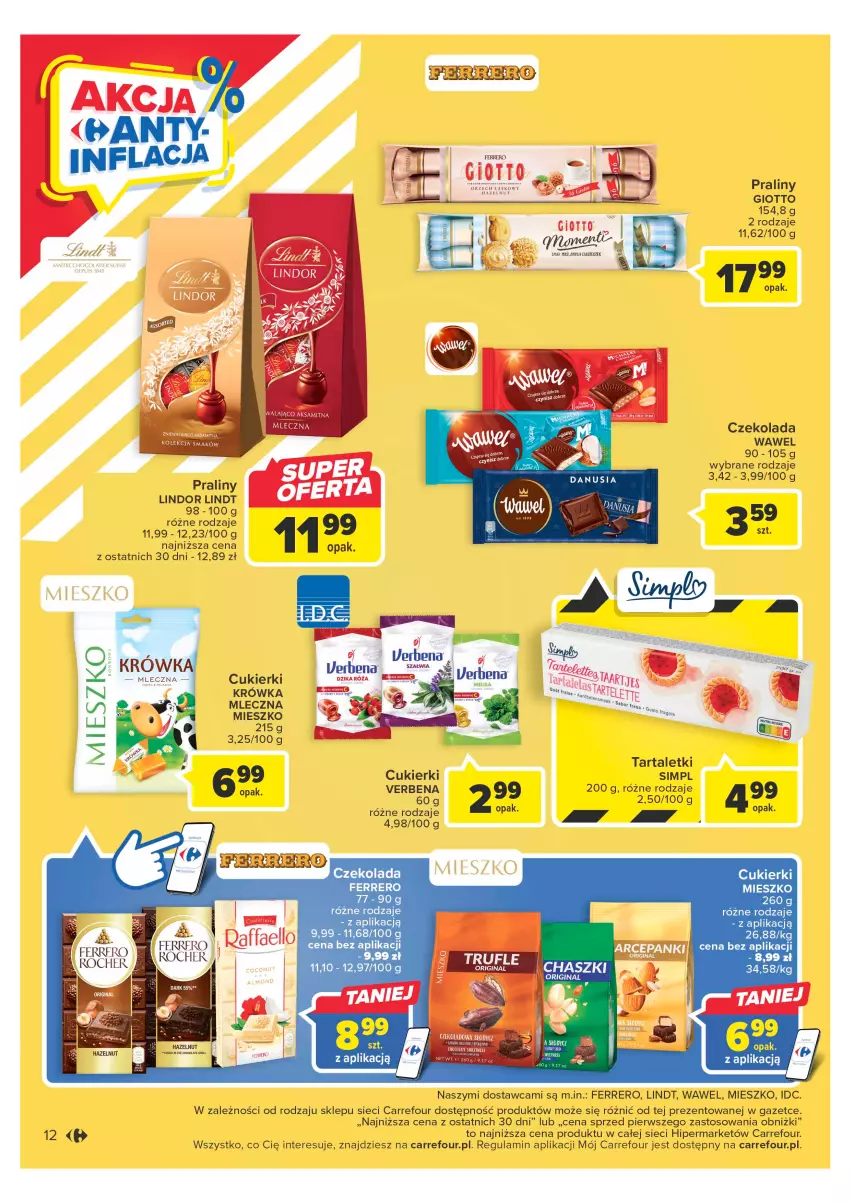 Gazetka promocyjna Carrefour - Gazetka Carrefour - ważna 09.05 do 20.05.2023 - strona 12 - produkty: Aksam, Cukier, Cukierki, Czekolada, Ferrero, Lindor, Lindt, Praliny, Tarta, Wawel