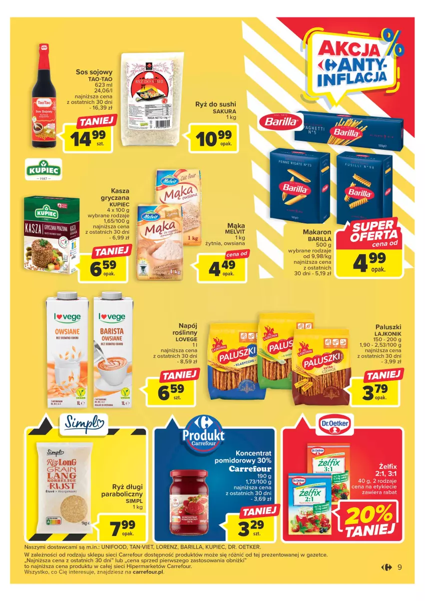 Gazetka promocyjna Carrefour - Gazetka Carrefour - ważna 09.05 do 20.05.2023 - strona 9 - produkty: Barilla, Dr. Oetker, Gra, Gry, Kasza, Kasza gryczana, Kupiec, Lajkonik, Lorenz, Mąka, Melvit, Napój, Piec, Ryż, Sos, Sos sojowy