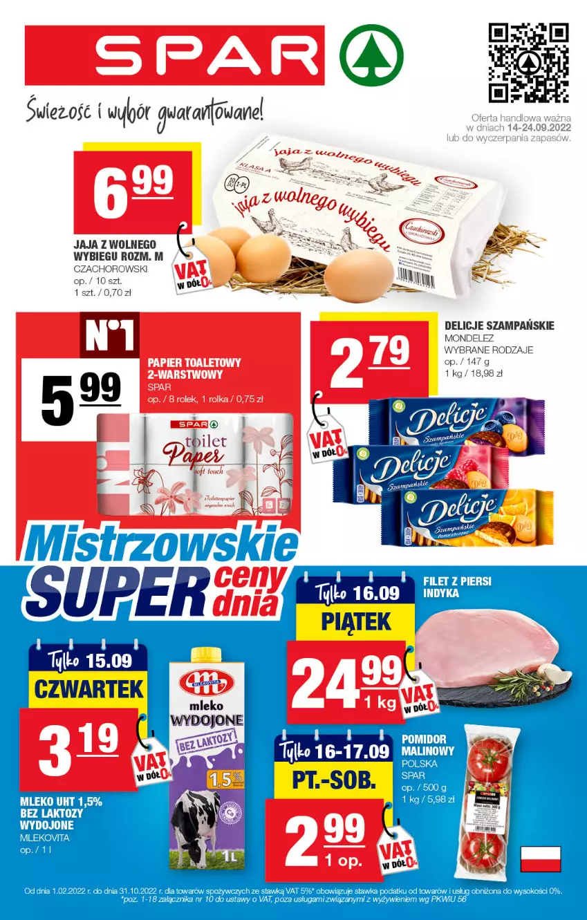 Gazetka promocyjna Spar - Spar - ważna 11.09 do 21.09.2022 - strona 1 - produkty: Delicje, Filet z piersi indyka, Jaja, Mleko, Sok