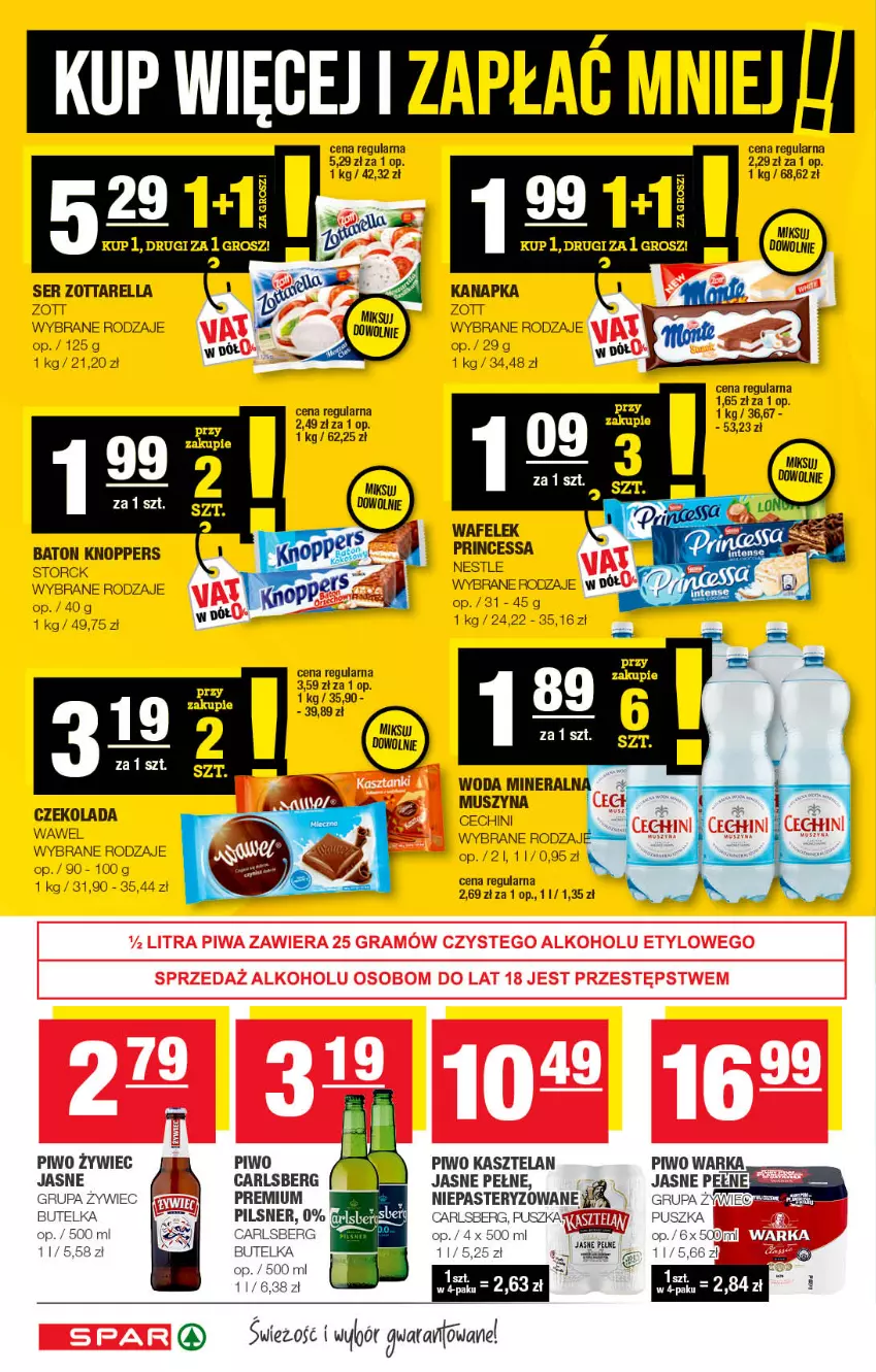 Gazetka promocyjna Spar - Spar - ważna 11.09 do 21.09.2022 - strona 6 - produkty: Baton, Carlsberg, Czekolada, Kasztelan, Knoppers, Mus, Piwo, Princessa, Ser, Szyna, Wafelek, Warka, Wawel, Woda, Woda mineralna, Zott, Zottarella